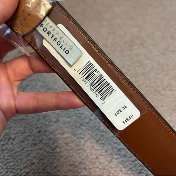 Cognac Brown Perry Ellis Men’s Leather Belt size 34/35 NWT - Picture 5 of 10